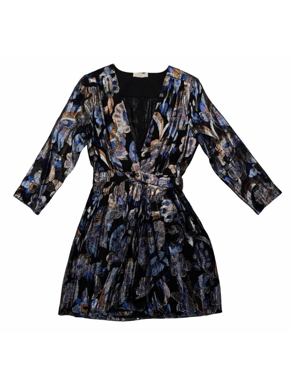 Ramy Brook Shaina Metallic Floral Jacquard V-Neck Mini Dress Black Size S